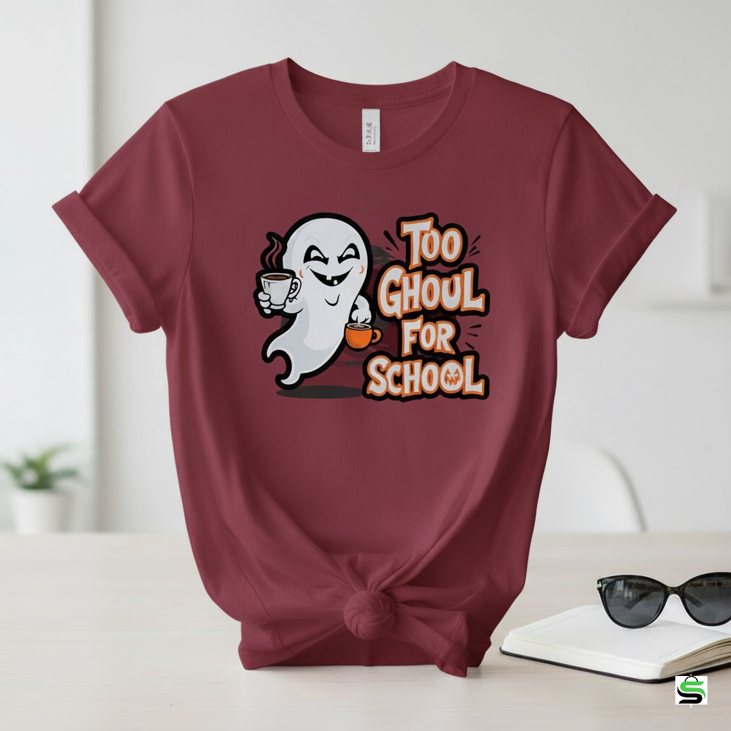 "Too Ghoul For School" PNG – Spooky Cute Ghost & Coffee Halloween Design with Commercial License