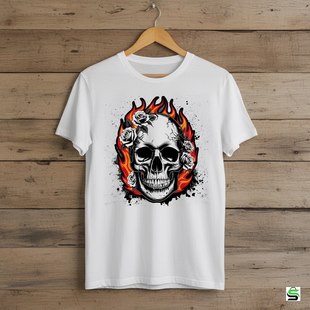 Flaming Skull with White Roses: Intense Gothic Biker T-shirt Design