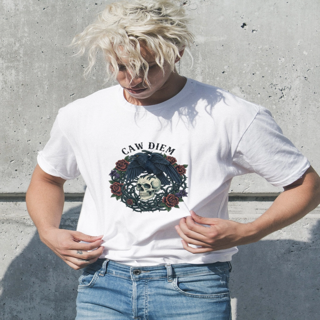 "Caw Diem" Raven Skull Pun PNG: Gothic Humor Design for Print-on-Demand w/ License