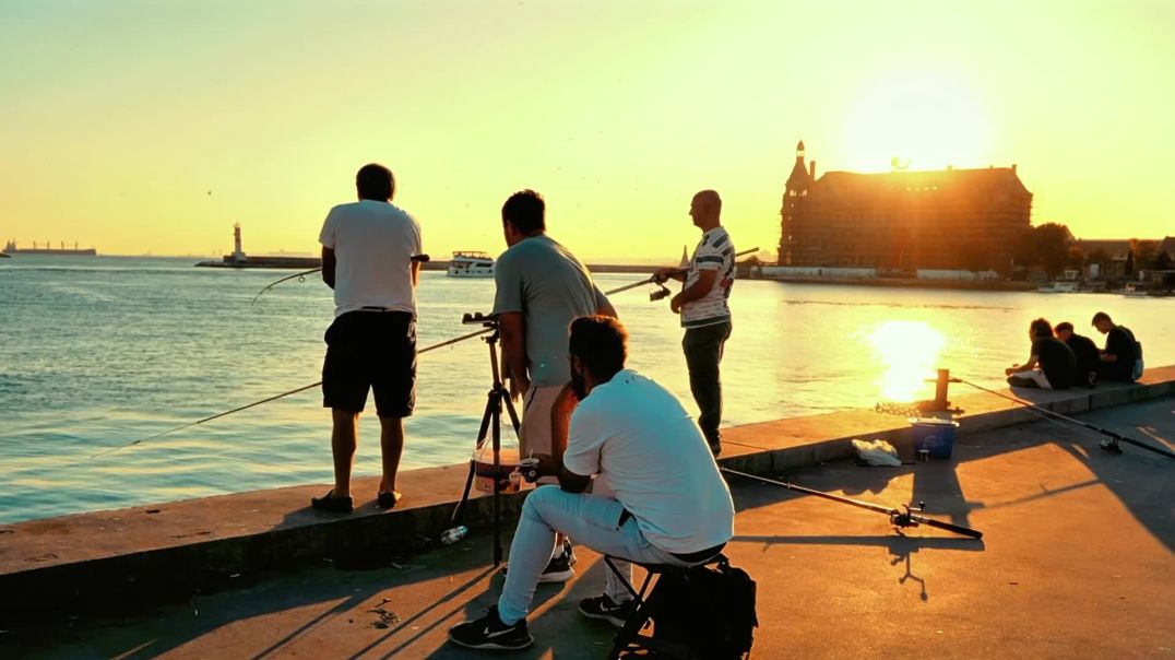 ⁣Golden Hour Fishing by the Sea Free Stock Footage